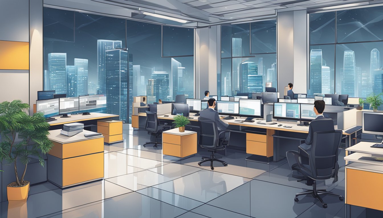 A modern office with high-tech equipment and servers, connected by advanced technologies, in a bustling city like Singapore