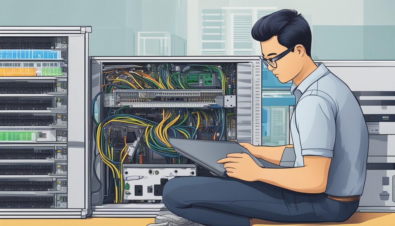 A technician installs and sets up internet equipment for a service provider in Singapore