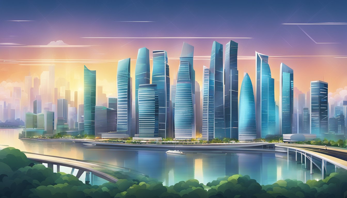 A bustling city skyline with futuristic skyscrapers and high-speed internet infrastructure in Singapore