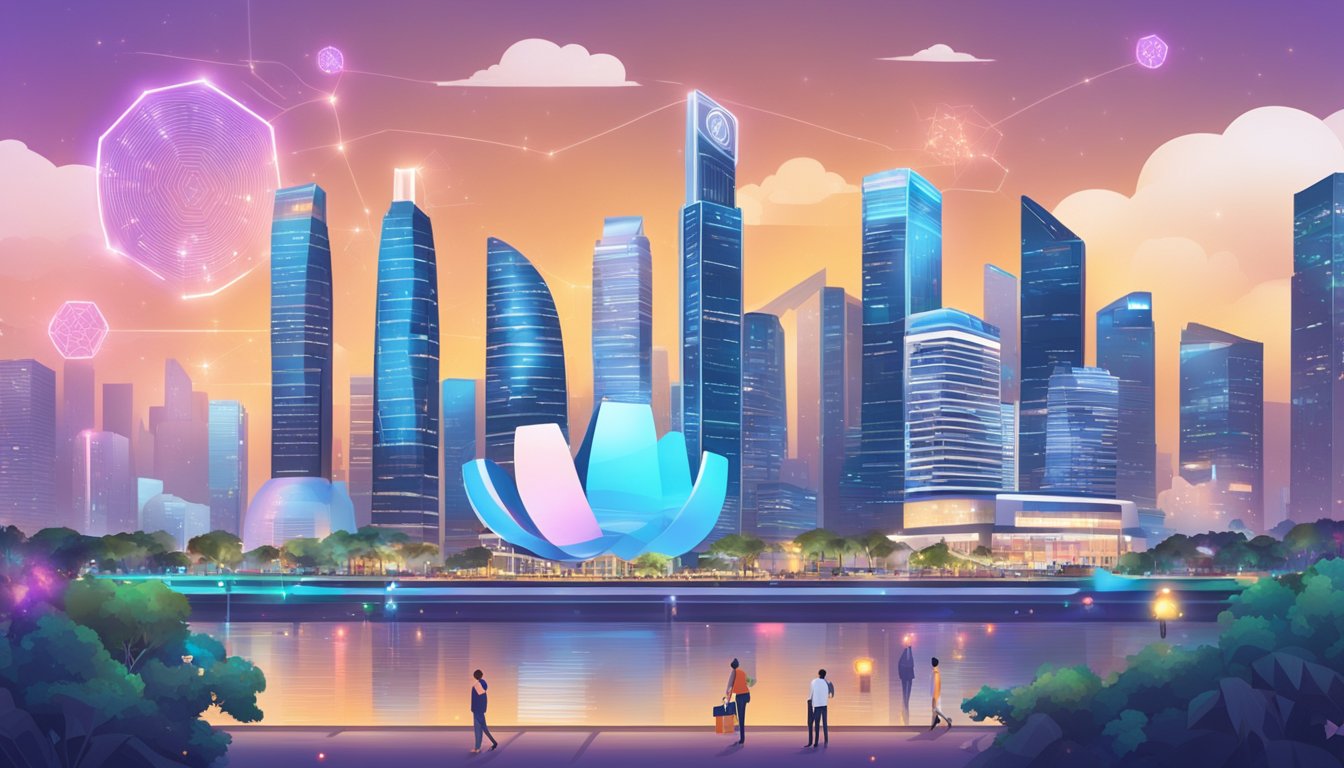 A bustling Singapore cityscape with prominent financial buildings, digital currency logos, and people engaged in cryptocurrency transactions
