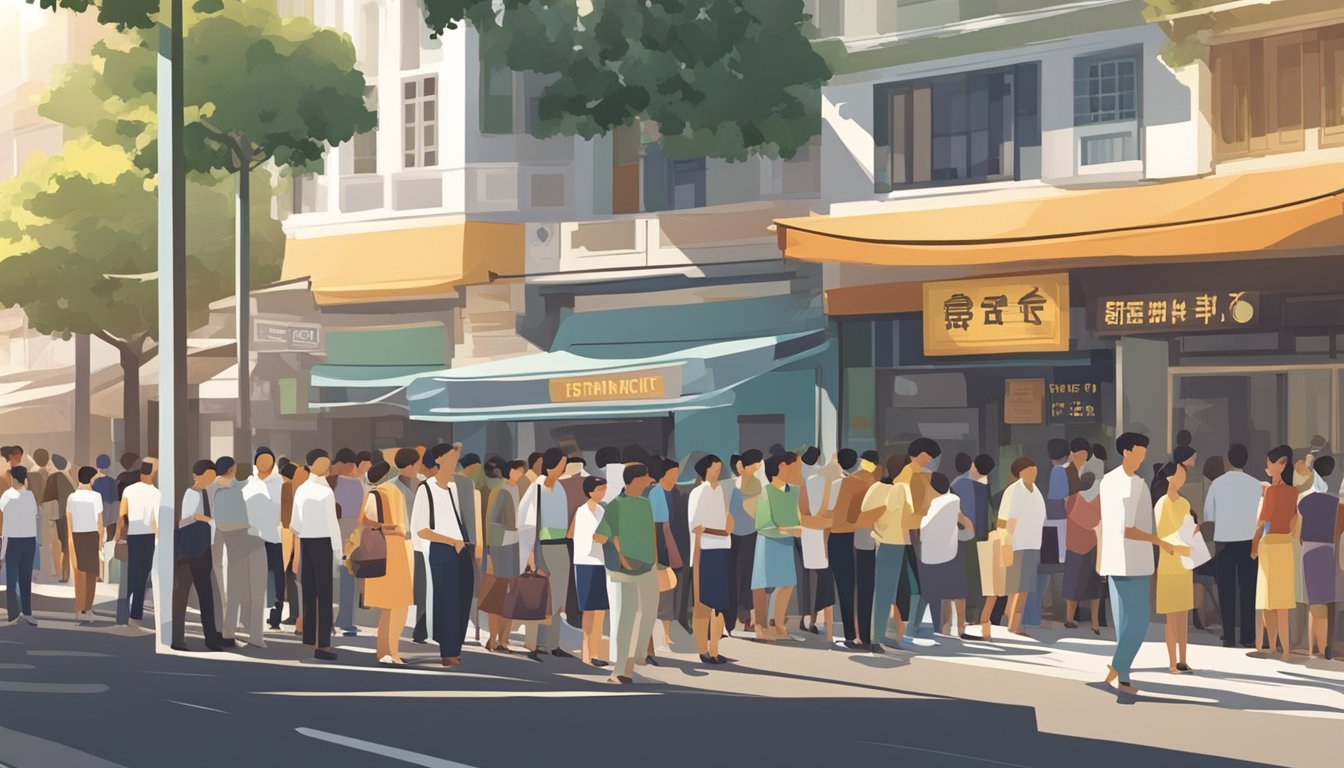 A money lender's sign hangs above a bustling Singapore street. People line up, eager to qualify for the lowest interest rates. The sun shines brightly, casting long shadows on the crowded sidewalk