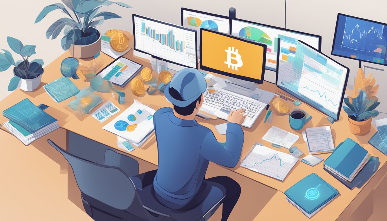 A person sitting at a desk, surrounded by charts and graphs, analyzing various investment strategies for cryptocurrency in Singapore