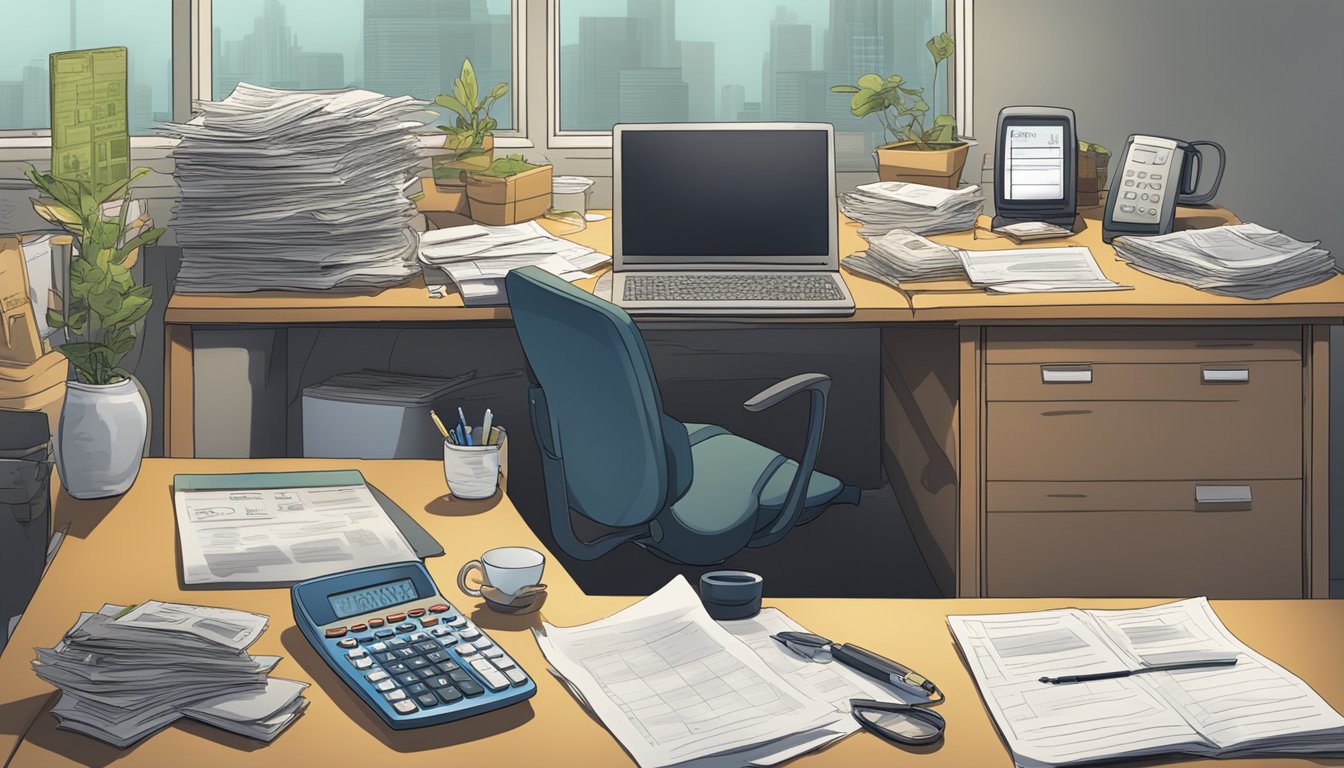 A cluttered desk with a calculator, loan application forms, and a sign advertising "Lowest Interest" in a dimly lit office