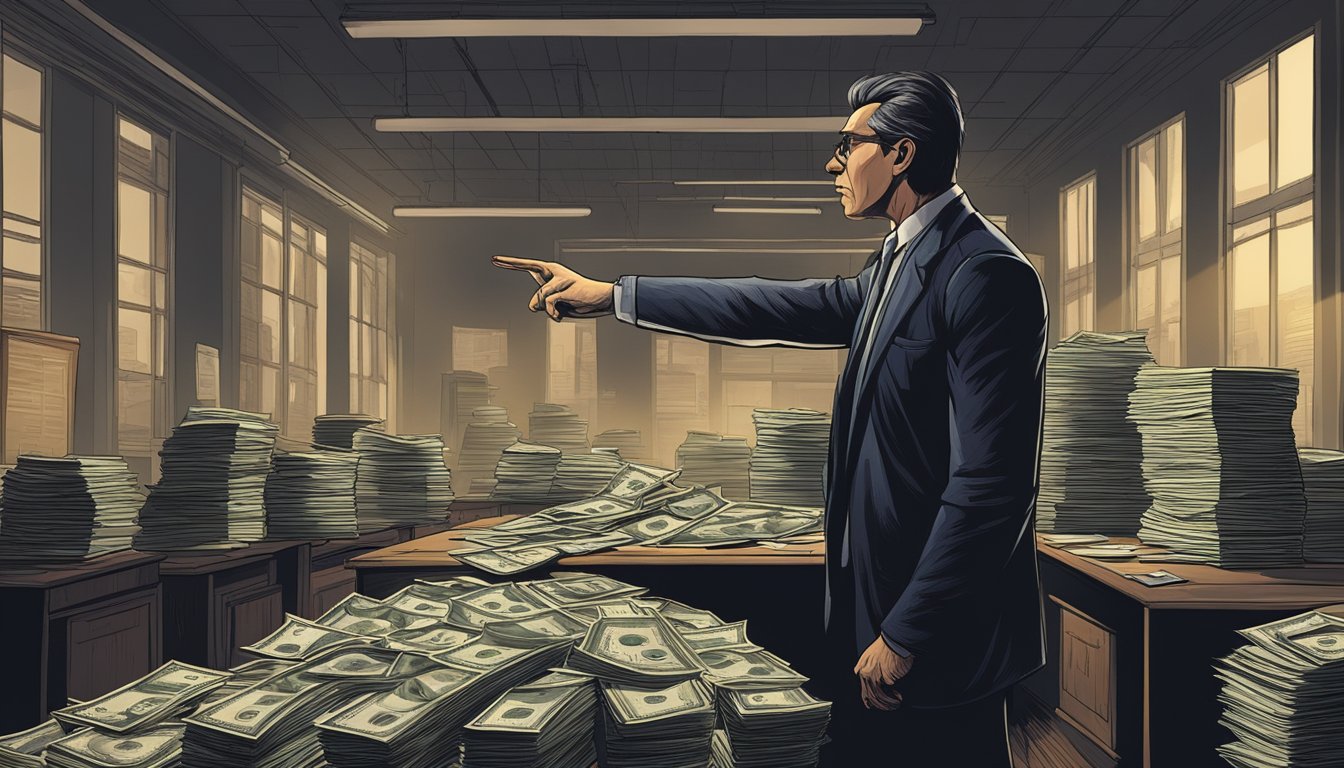 A money lender looms over a distressed individual, pointing aggressively. The setting is a dimly lit office with stacks of papers and a foreboding atmosphere