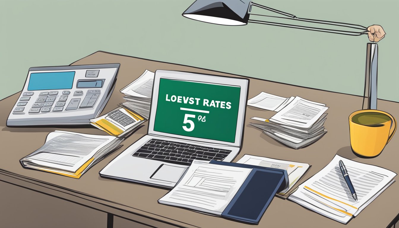 A table with a laptop, calculator, and documents. A sign displaying "Lowest Interest Rates Money Lender" with the number "5" highlighted