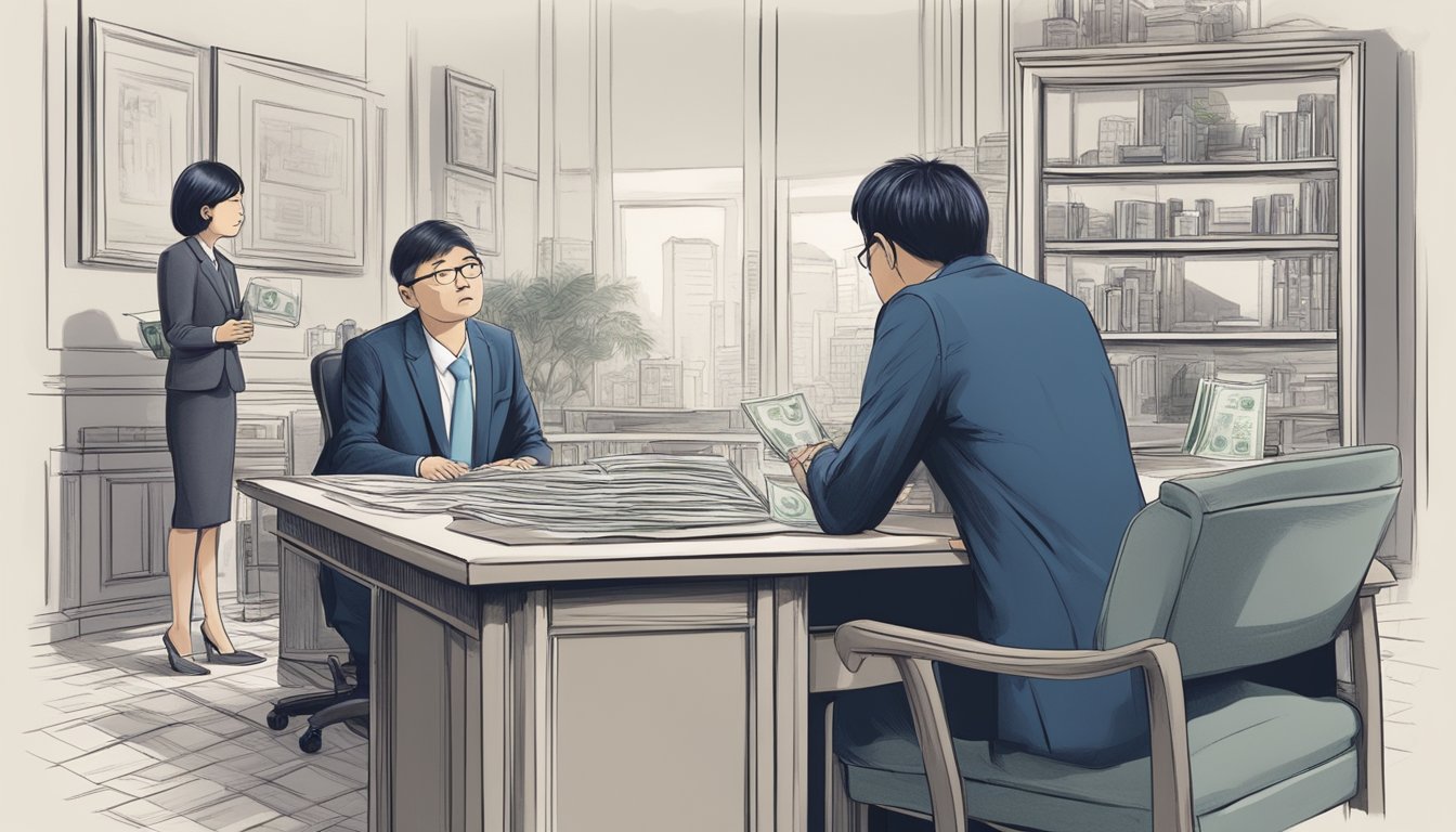 A person is being threatened by a money lender in Singapore. The scene depicts the tense interaction with a focus on the legal and financial aspects