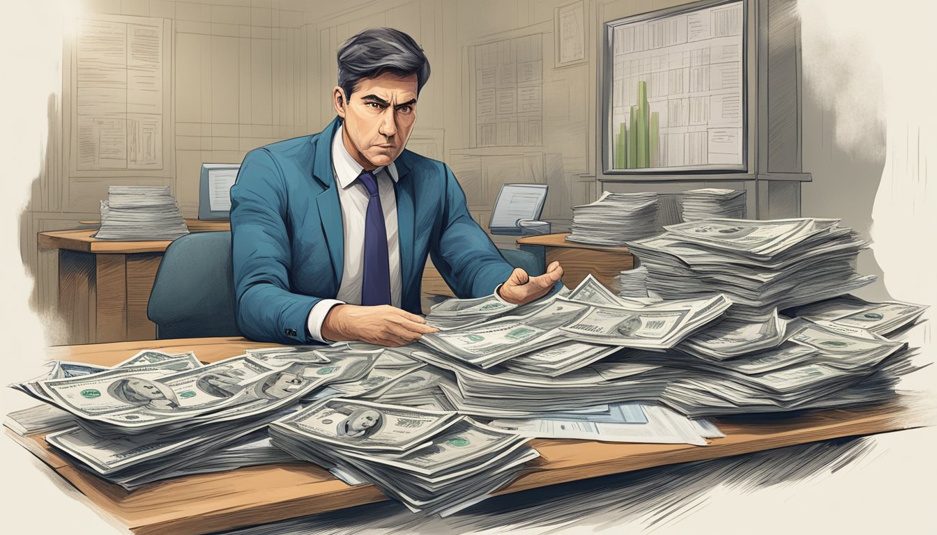 A money lender looms over a distressed individual, pointing aggressively. The individual looks worried, surrounded by financial documents and credit reports