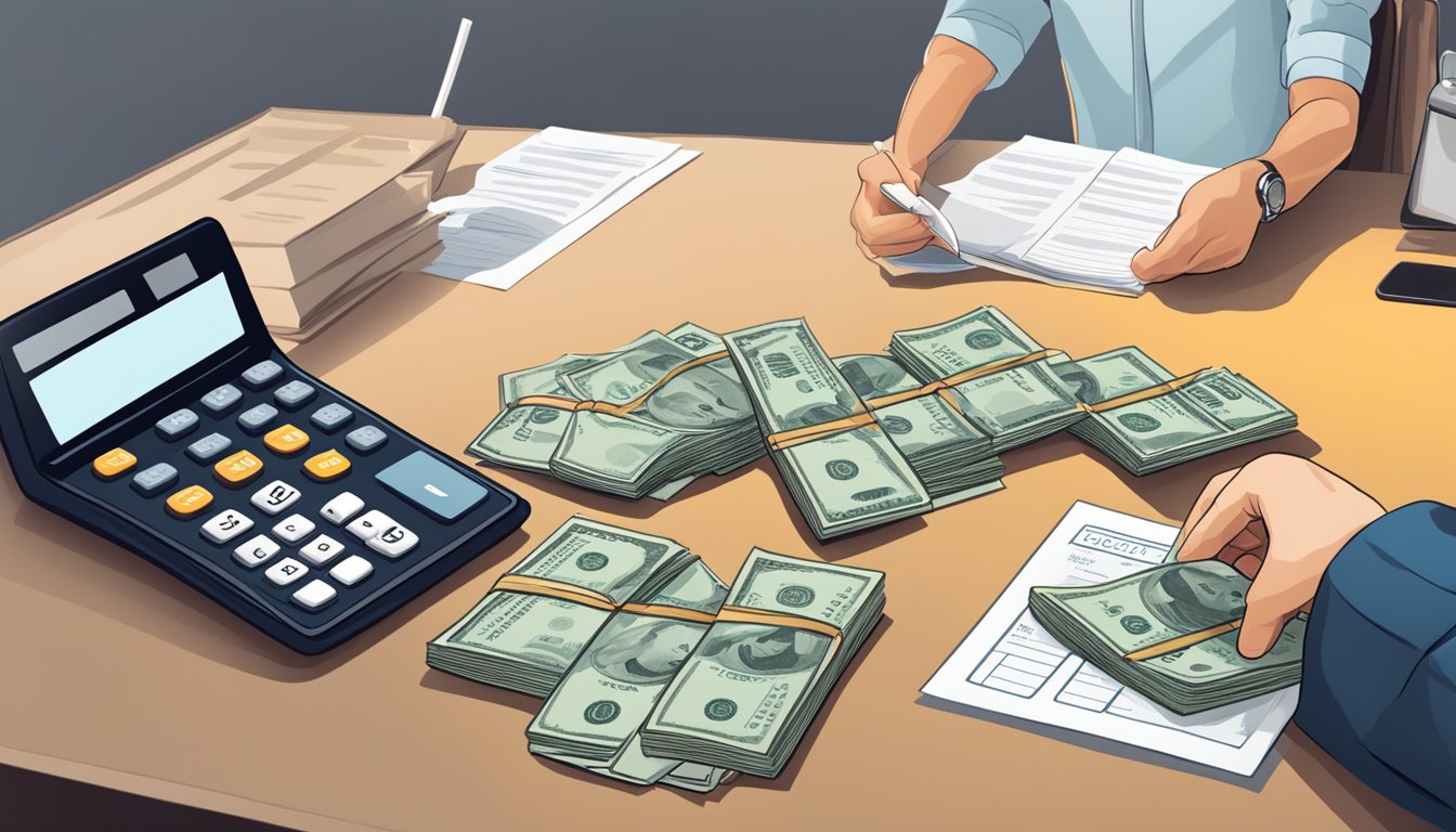 A person counting money and comparing interest rates with a calculator and financial documents spread out on a table