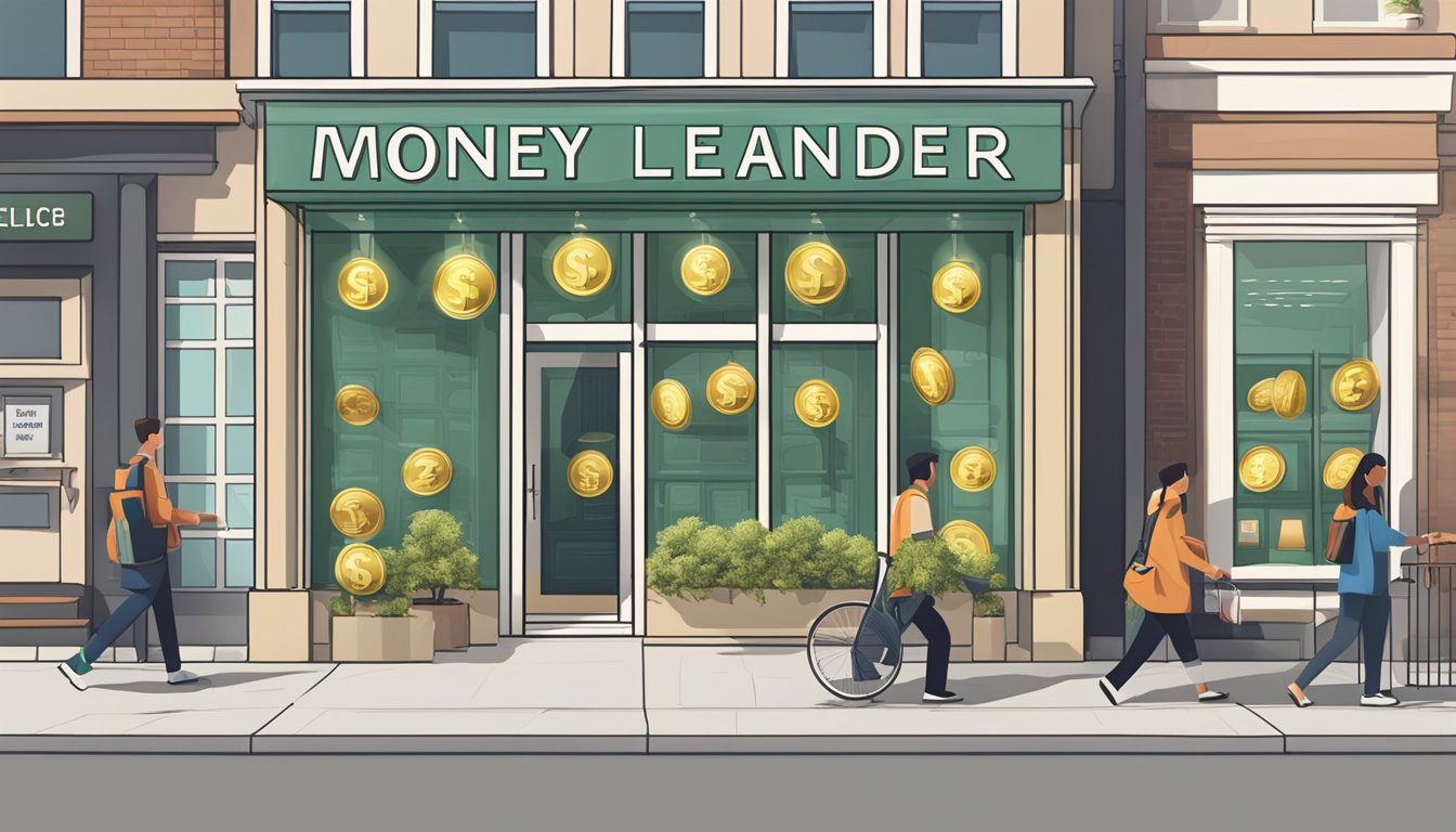 A storefront with a prominent sign displaying "Money Lender Lowest Interest." A steady stream of customers entering and exiting, with various accessibility features such as ramps and wide doorways