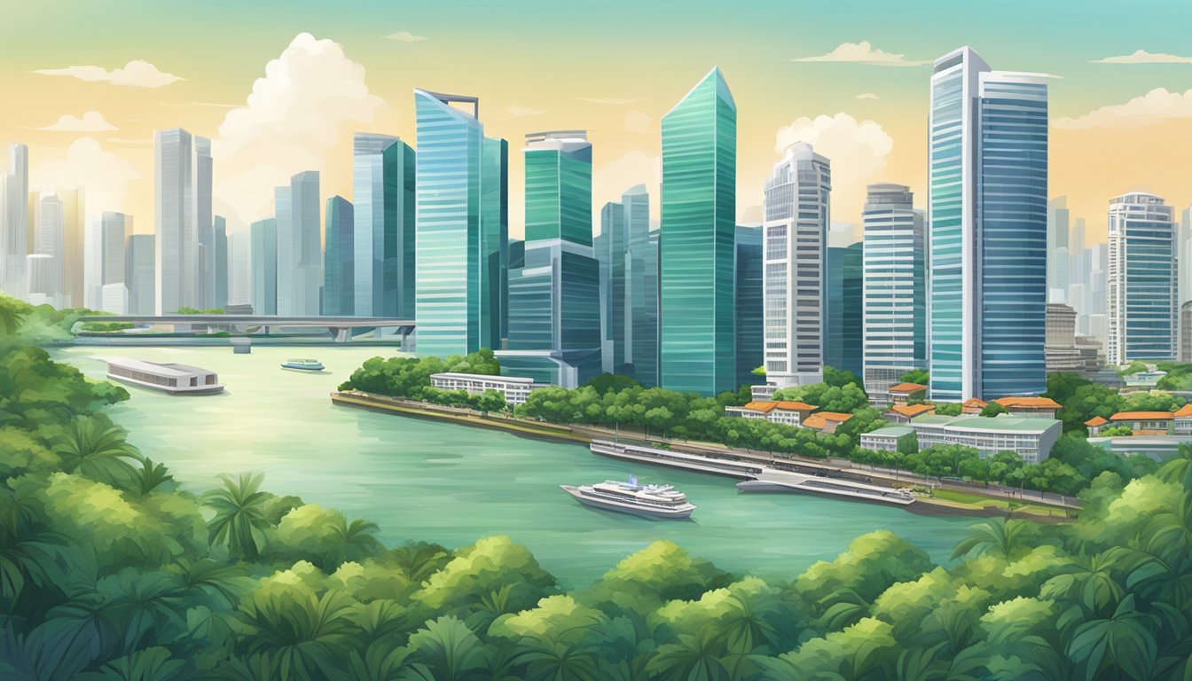 A bustling financial district in Singapore, with skyscrapers and modern architecture, surrounded by lush greenery and waterfront views