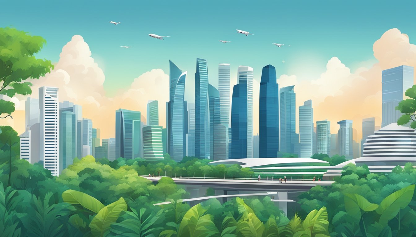 A bustling cityscape of Singapore with iconic skyscrapers and financial institutions, surrounded by lush greenery and modern infrastructure