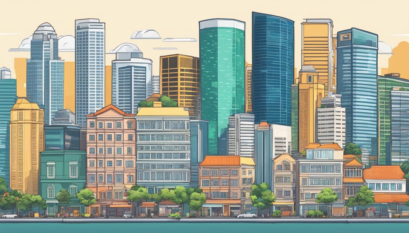 A city skyline with a mix of modern skyscrapers and traditional shophouses, showcasing the diverse investment opportunities in Singapore for beginners