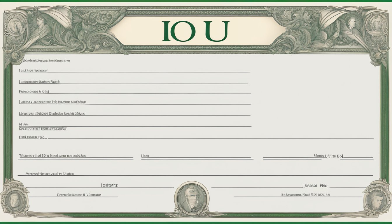A blank IOU template with clear headings and space for borrower and lender details, along with terms and signatures