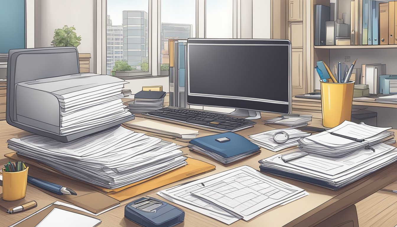 A stack of legal documents and financial assets arranged on a desk, with a computer and office supplies in the background