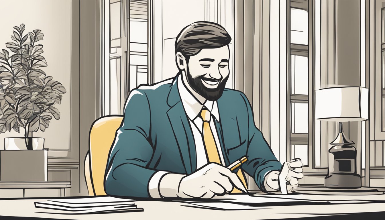 A person signing a property purchase agreement with a pen and smiling