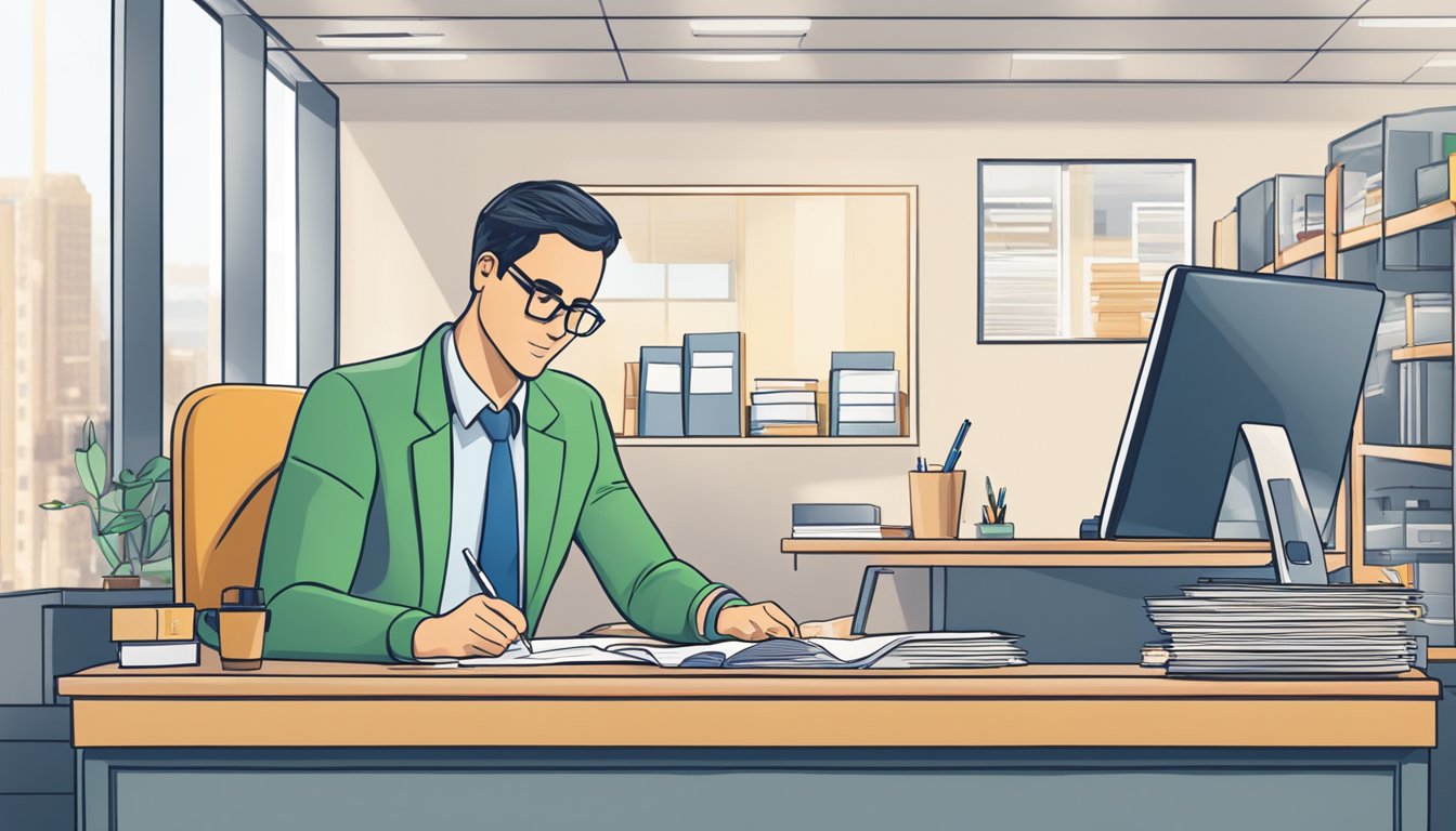 A business owner fills out paperwork at a desk, with a moneylender in the background. The office is tidy and professional, with a sign displaying "Personal Loan for Business Purposes."