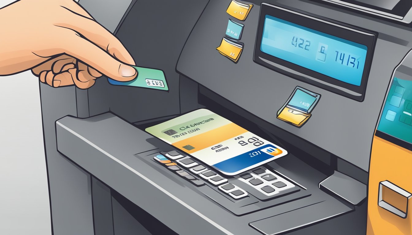 A hand swiping a credit card at a cash advance machine, with a credit limit displayed in the background