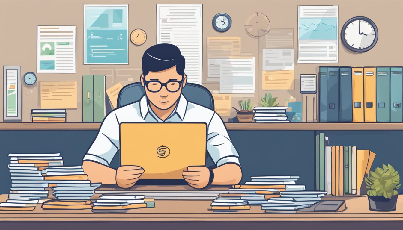 A business owner sits at a desk, surrounded by financial documents and a laptop. A moneylender in Singapore offers a personal loan for business needs