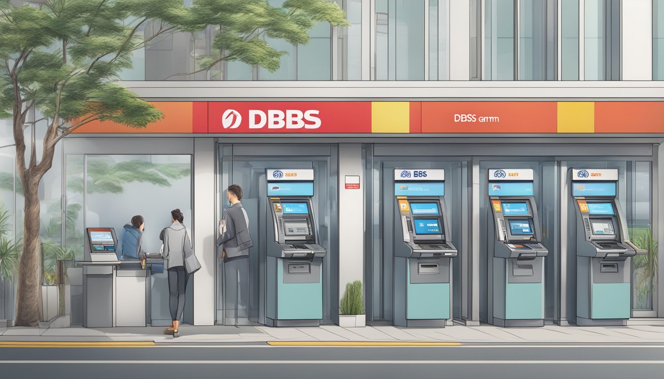 A busy branch with multiple ATMs, displaying DBS and POSB logos