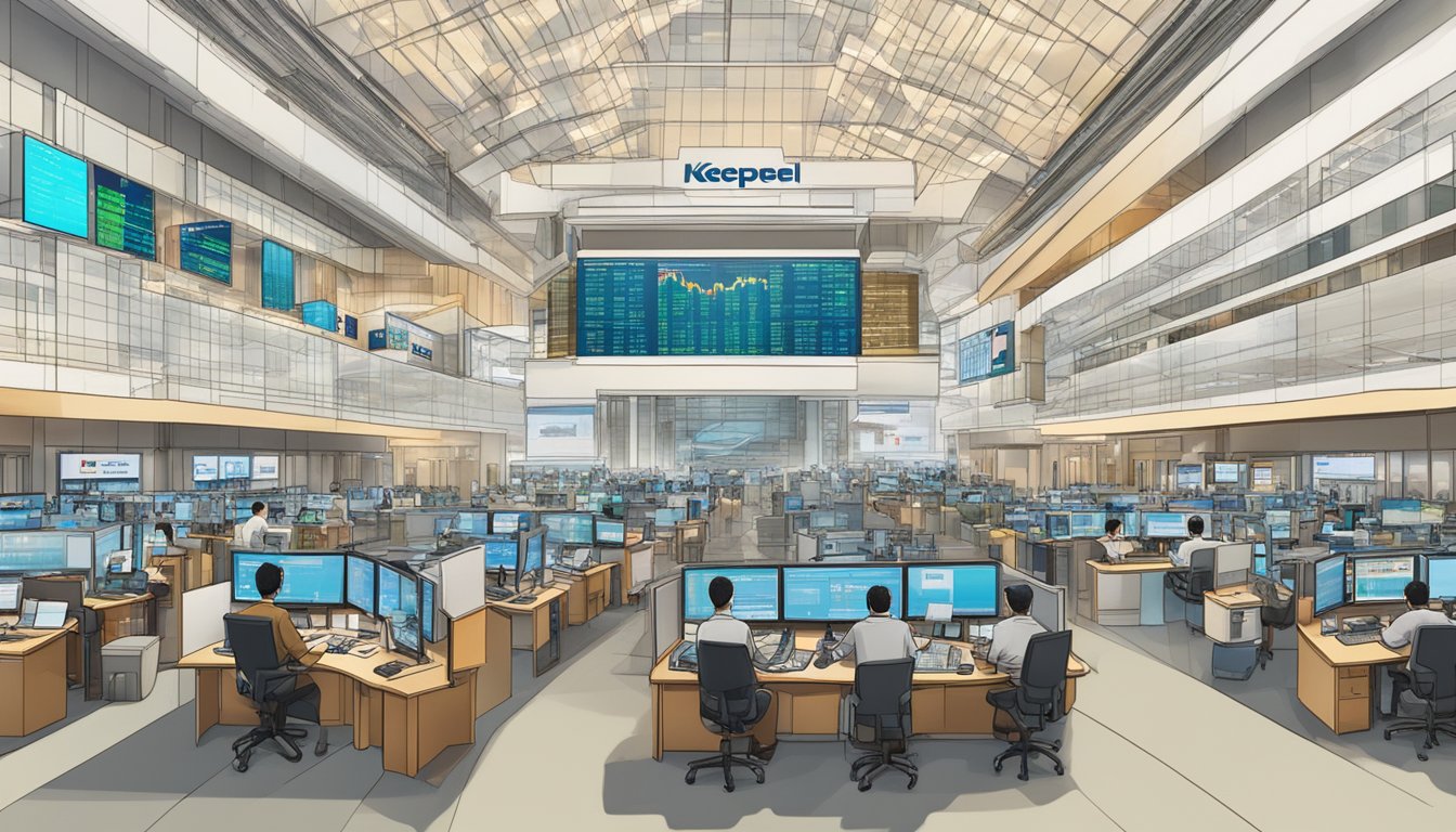 A bustling Singapore stock exchange with Keppel Corp's logo prominent among other company names