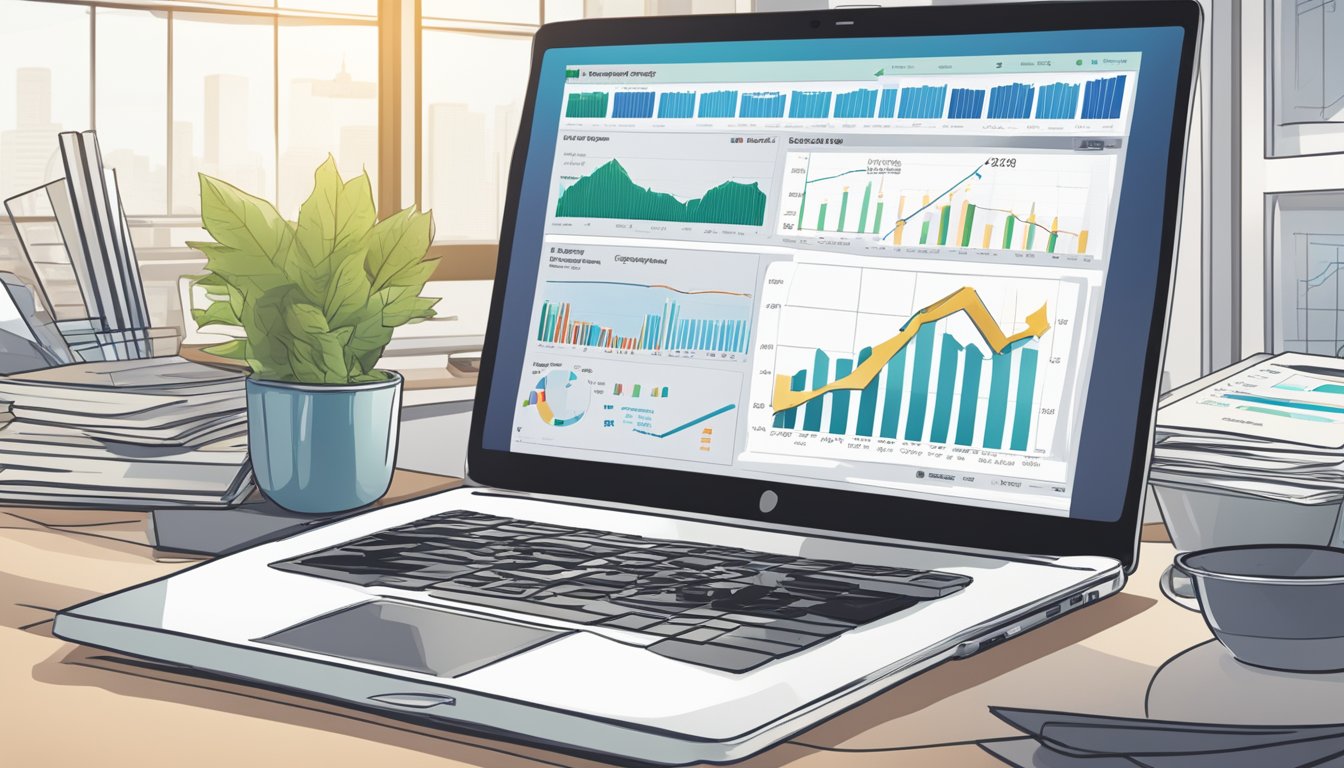 A laptop displaying Keppel Corp's financial data with a positive trend, surrounded by stock charts and a calculator