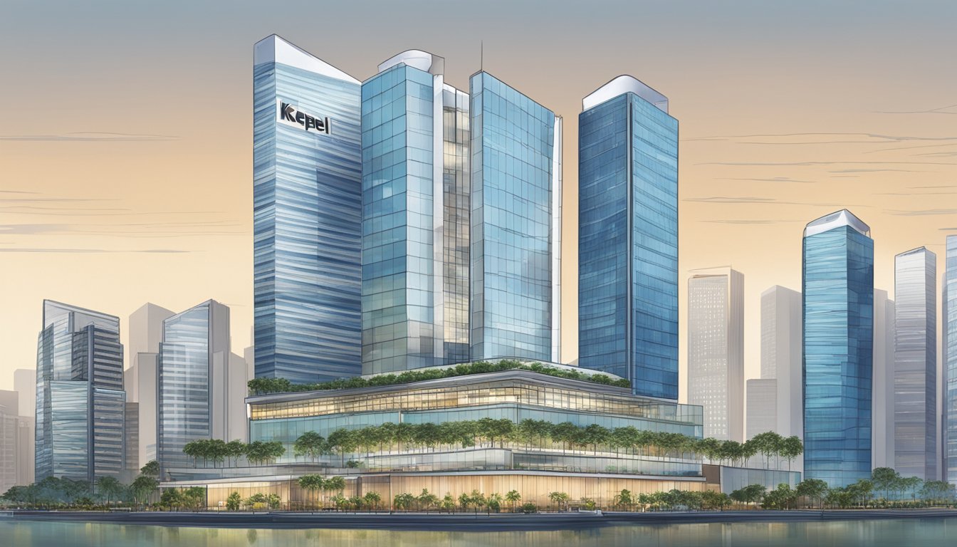 Keppel Corp's headquarters in Singapore, with a bustling city skyline in the background. The building stands tall and modern, reflecting the company's strong presence in the industry