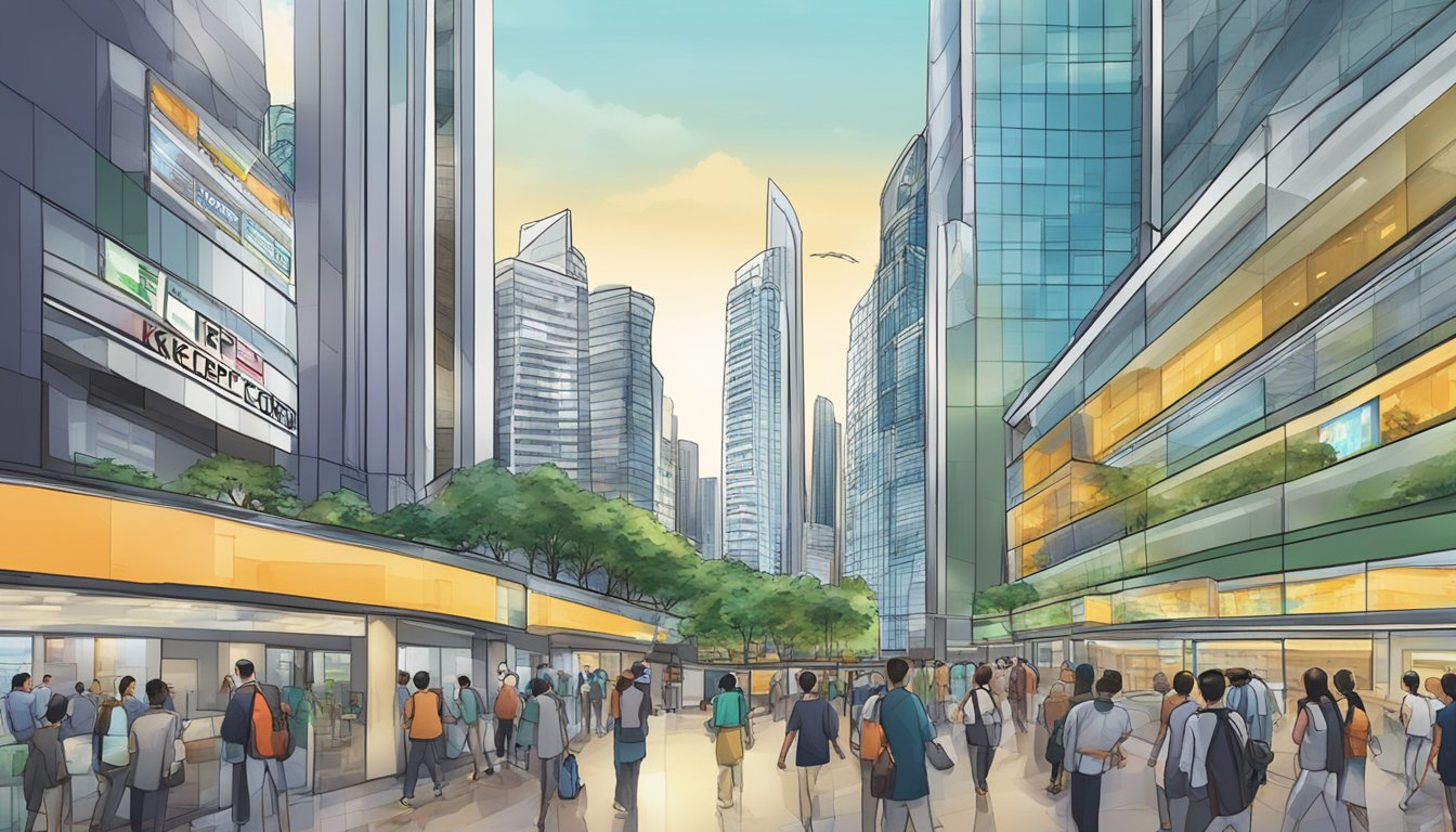 A bustling financial district with skyscrapers and a stock exchange ticker displaying "Keppel Corp" as investors discuss its potential as a good buy in Singapore