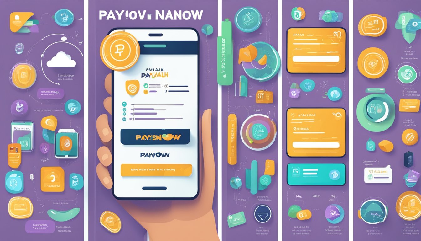 A mobile phone displaying the PayNow and PayLah! logos with various benefits and perks listed next to them