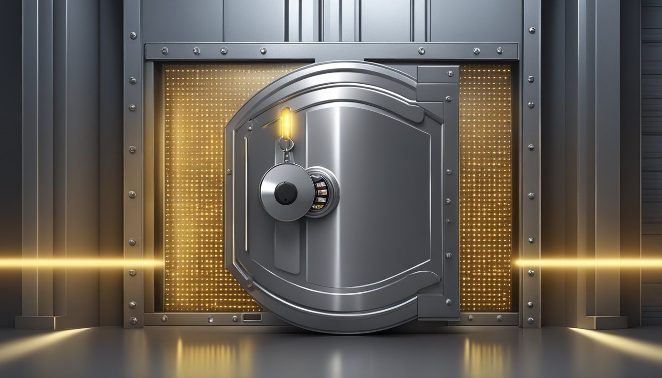 A secure vault with a glowing shield symbol, surrounded by a digital lock and a reinforced steel door