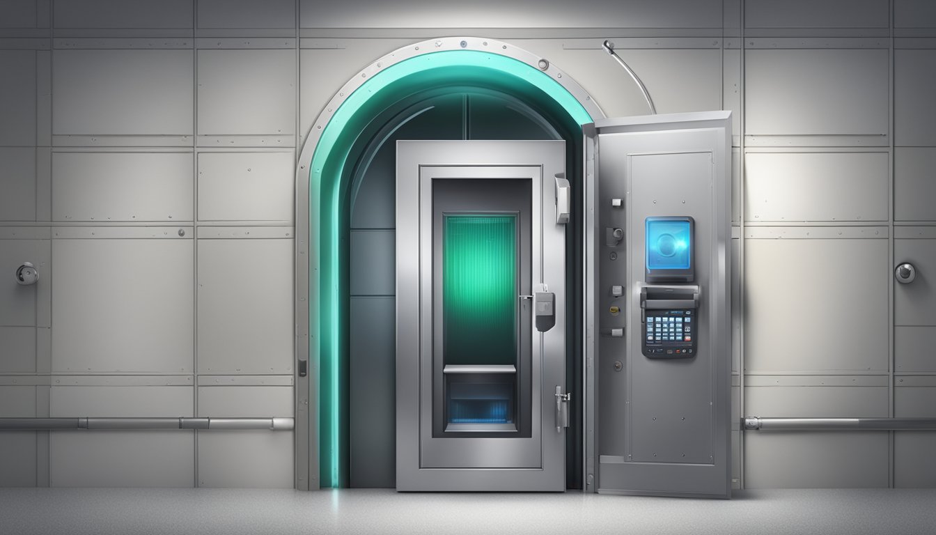 A sturdy vault door with a biometric scanner and reinforced walls, surrounded by security cameras and motion sensors
