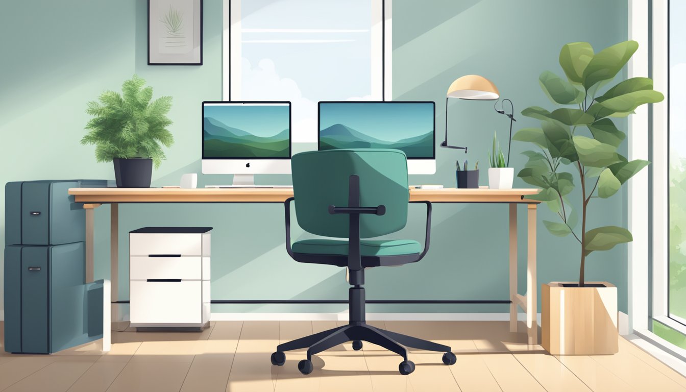 A minimalist workspace with a computer, phone, and a comfortable chair. A serene and organized environment with natural lighting and a hint of greenery