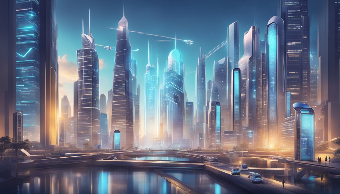 A futuristic city skyline with sleek, automated financial advisory offices and robotic assistants. Advanced technology and digital screens display investment trends
