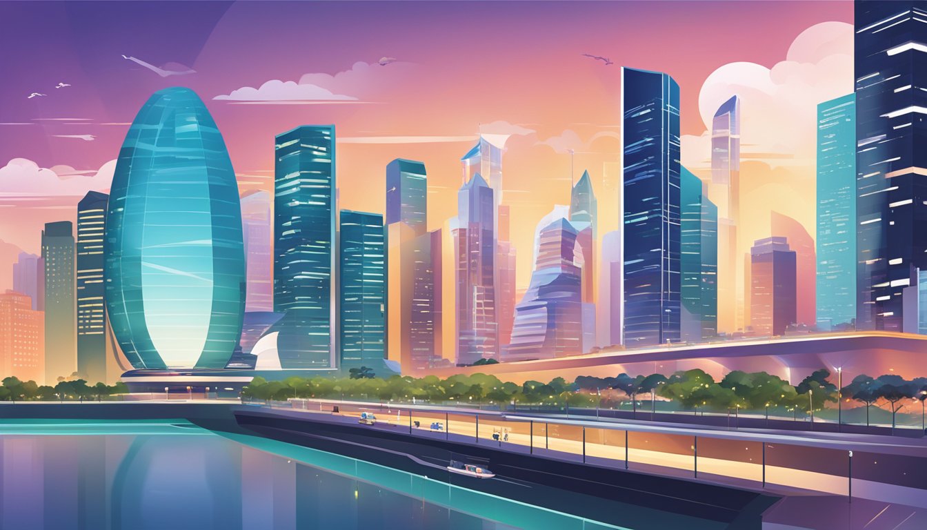 A vibrant city skyline with the iconic landmarks of Singapore in the background, and a sleek and modern office space with the Syfe logo prominently displayed