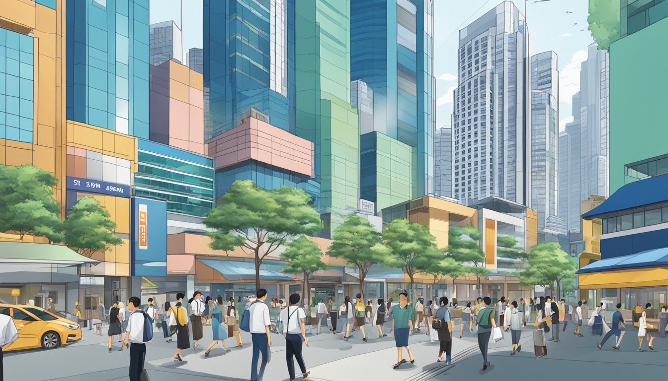 A bustling scene of Japanese banks in Singapore, with sleek modern buildings and a mix of locals and expats conducting financial transactions