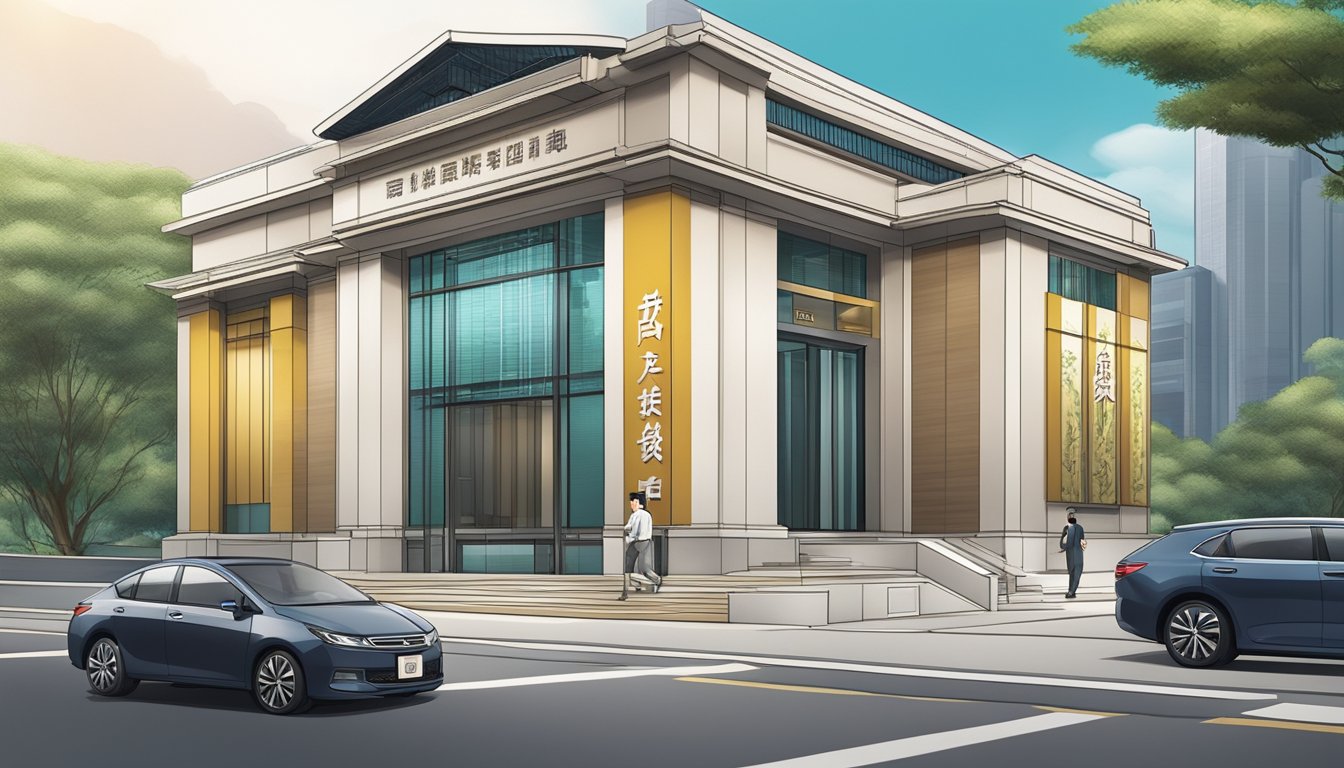 A sleek, modern Japanese bank in Singapore, adorned with traditional Japanese motifs, exudes an aura of regulatory compliance and customer trust