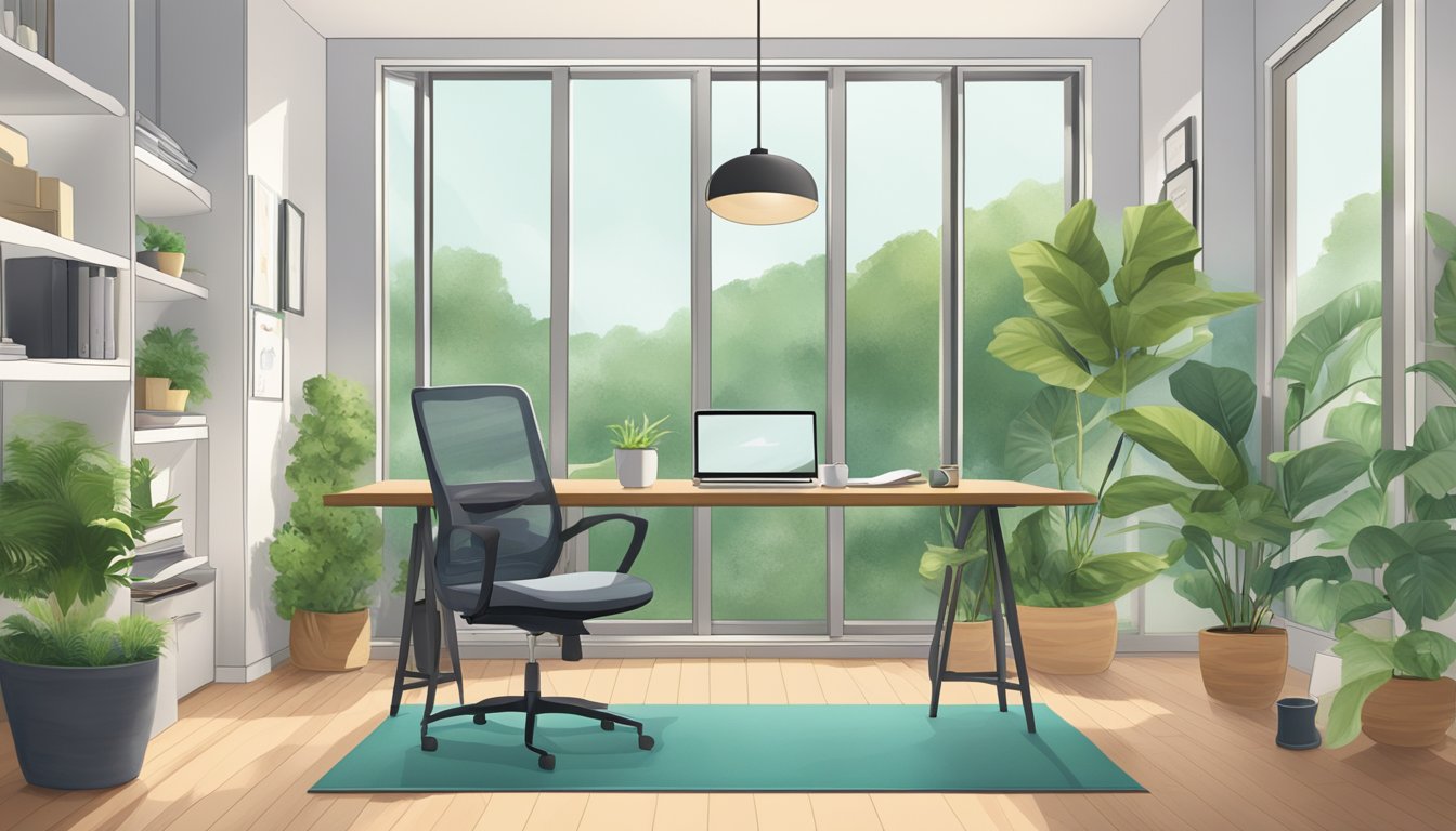 A serene office with a view of lush greenery, a yoga mat tucked in the corner, and a clock showing 5:00 pm