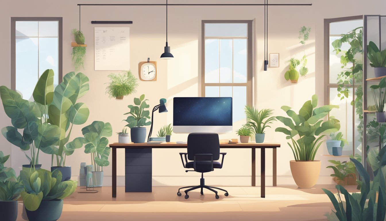 A peaceful office with natural light, plants, and a comfortable workspace. A person's calendar shows a balanced schedule with time for work, family, and personal activities