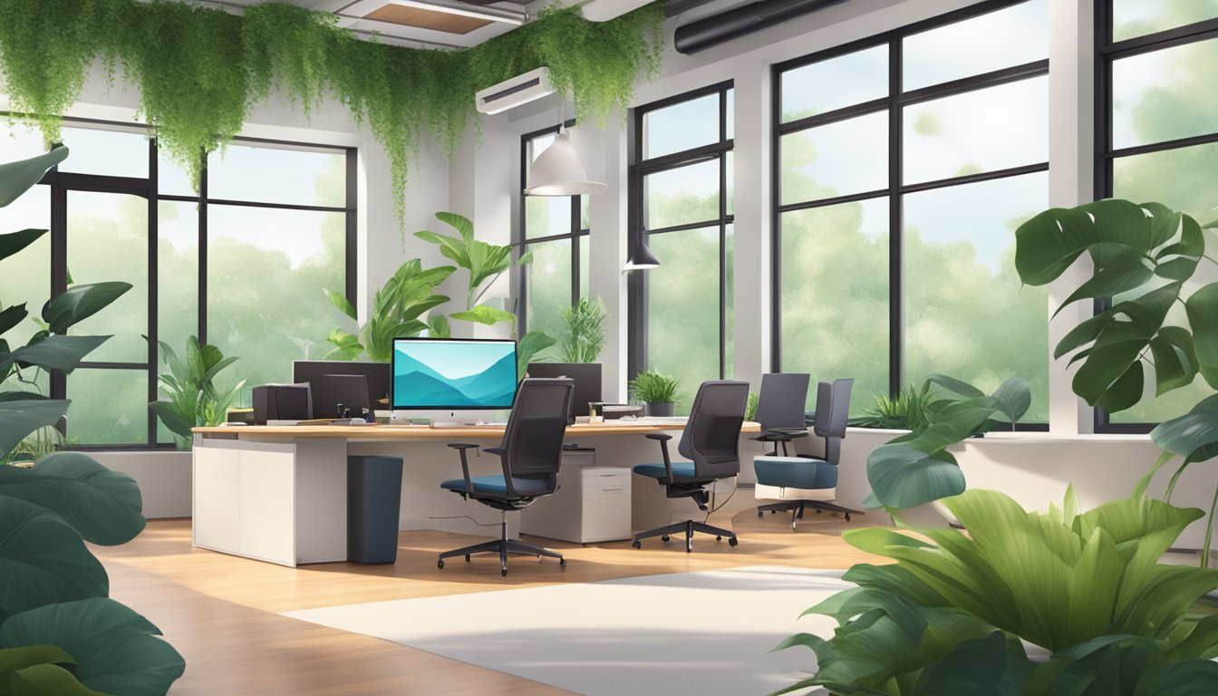 A modern office space with adjustable desks and comfortable seating, surrounded by lush greenery and natural light, showcasing a balance between work and relaxation