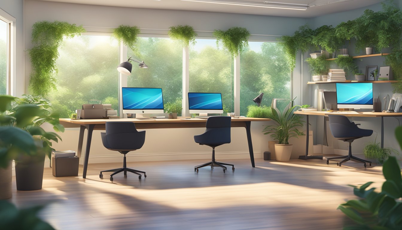 A serene office setting with modern technology and comfortable workstations, surrounded by lush greenery and natural light