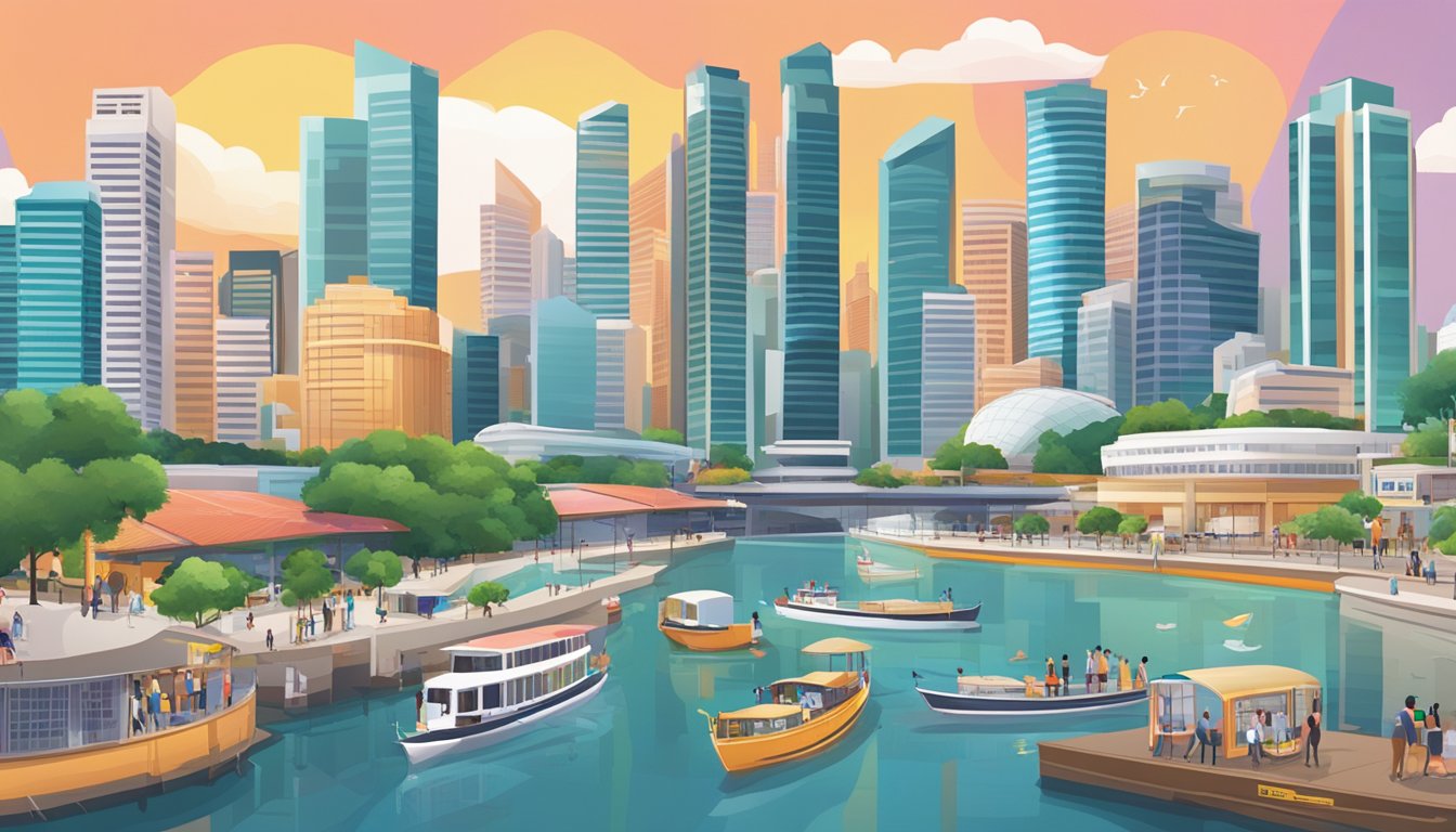 A bustling Singapore cityscape with job postings and a diverse workforce, showcasing a balance between work and life