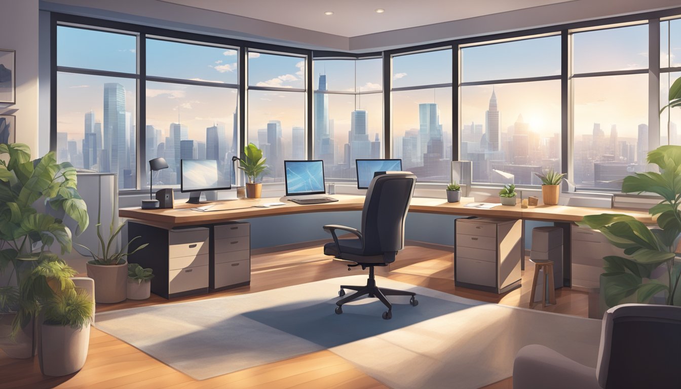 A serene office setting with a view of a city skyline, a cozy workspace with a balance of natural and artificial light, and a calendar with scheduled breaks and leisure activities