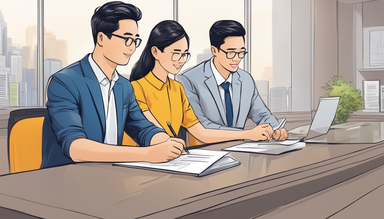 A couple sits together at a bank, signing documents and discussing their joint account in Singapore. The bank clerk assists them with paperwork