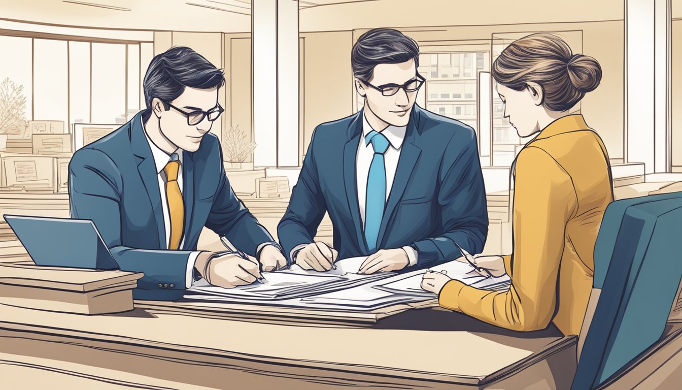 A couple sits at a bank desk, signing documents together. A bank representative assists them in opening a joint account
