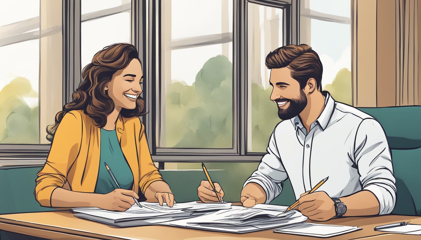 A couple smiling and discussing finances while sitting at a table with a joint account statement and a pen in hand