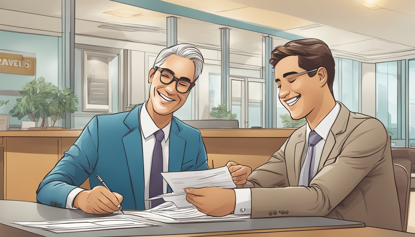 A couple sits together, signing paperwork at a bank, with a smiling teller helping them open a joint account