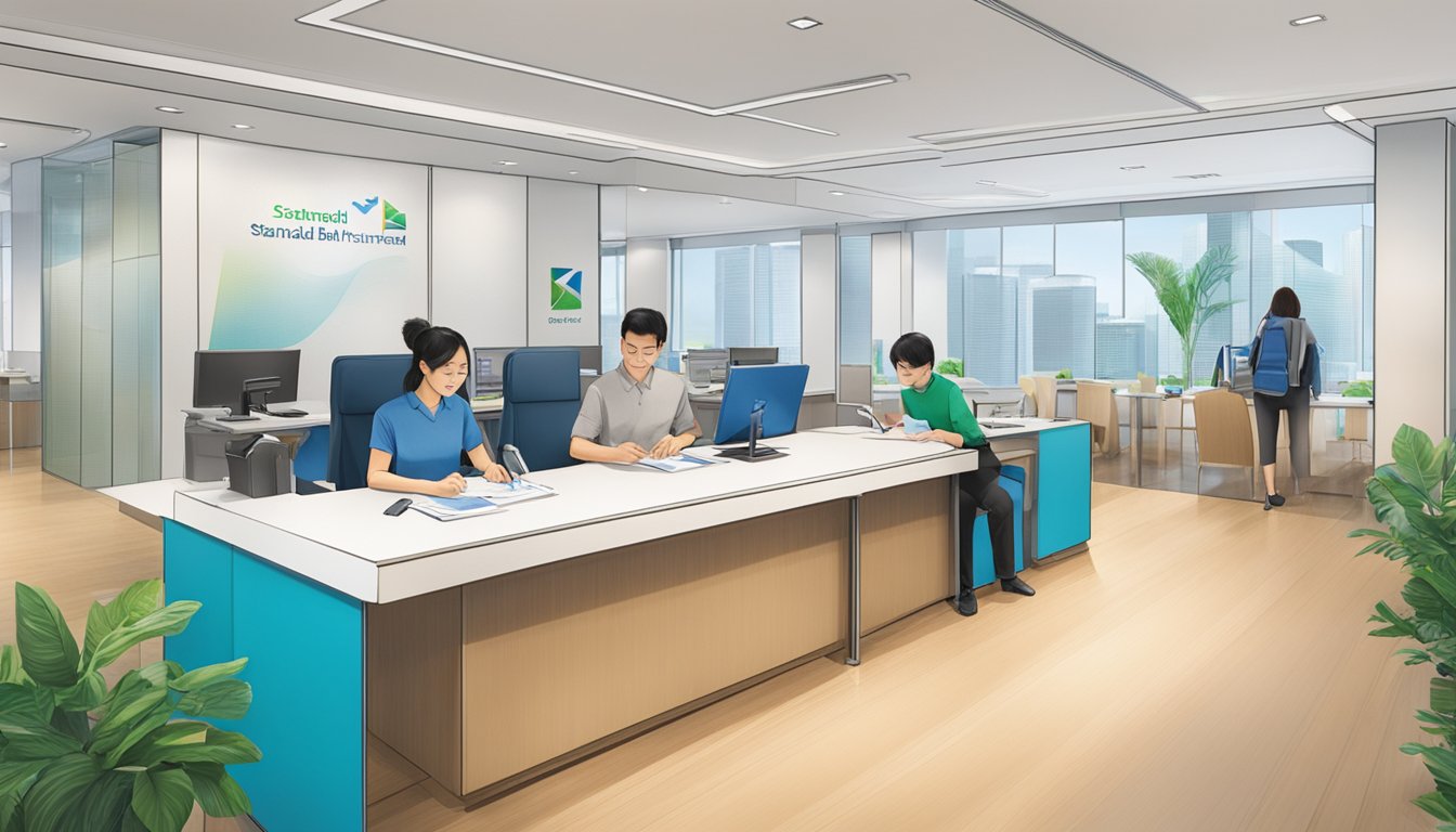 A couple sits at a desk signing paperwork at a Standard Chartered bank in Singapore, opening a joint account. The bank logo is prominently displayed in the background