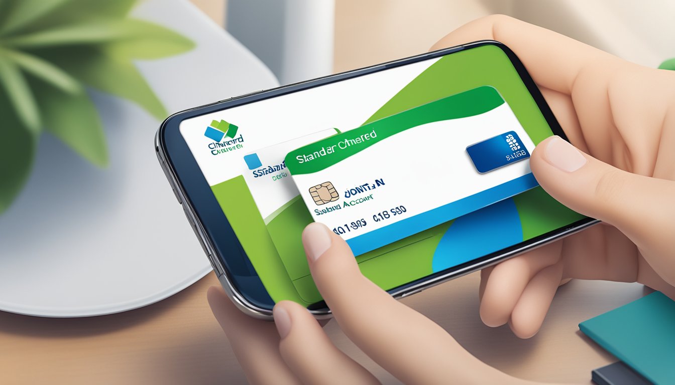 A hand holding a standard chartered bank card and a smartphone with the joint account features displayed on the screen. The background could include the bank's logo or branding