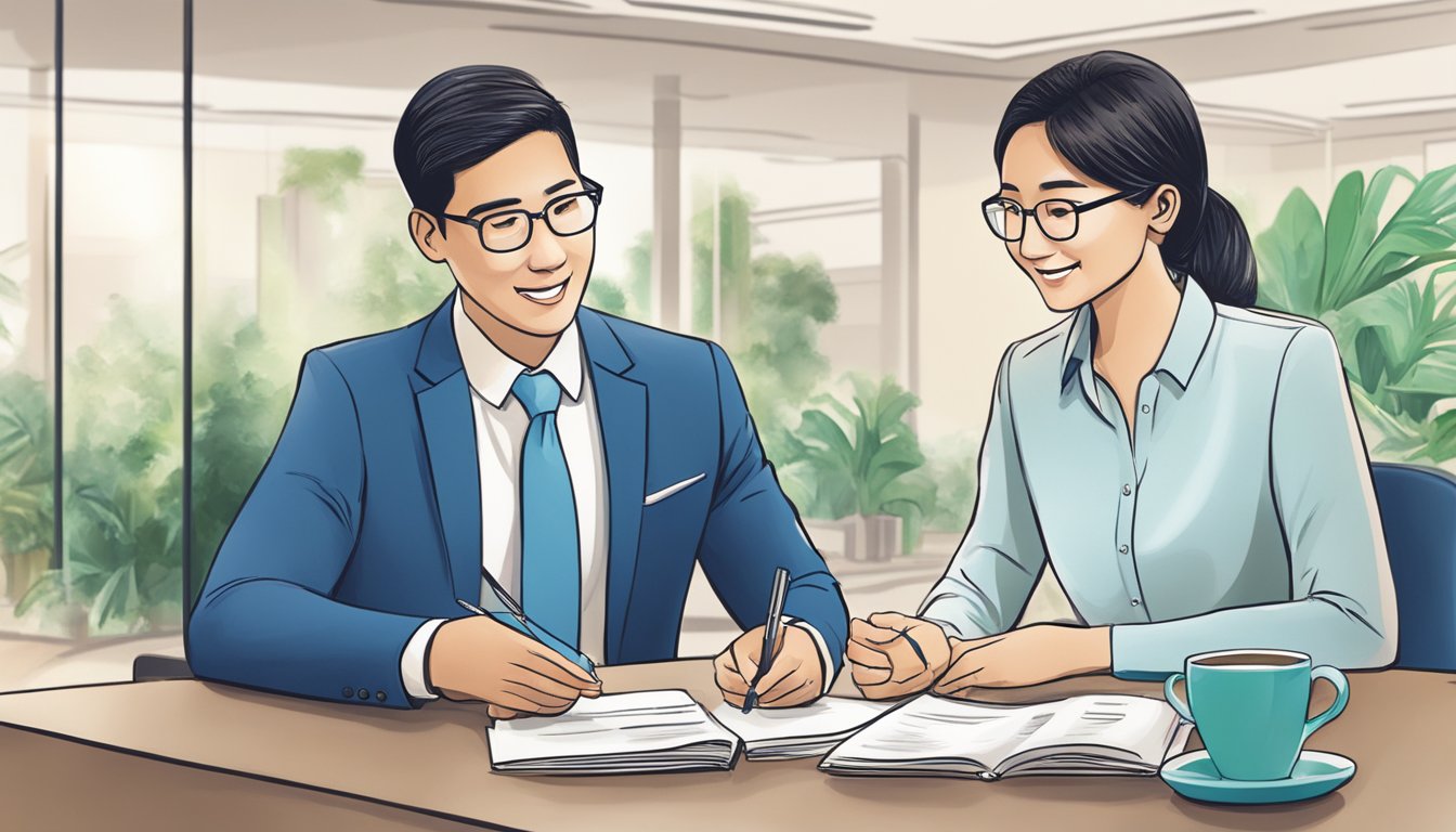 A couple receiving personalized financial advice at a Standard Chartered bank branch in Singapore. The banker is explaining the additional benefits and services of a joint account