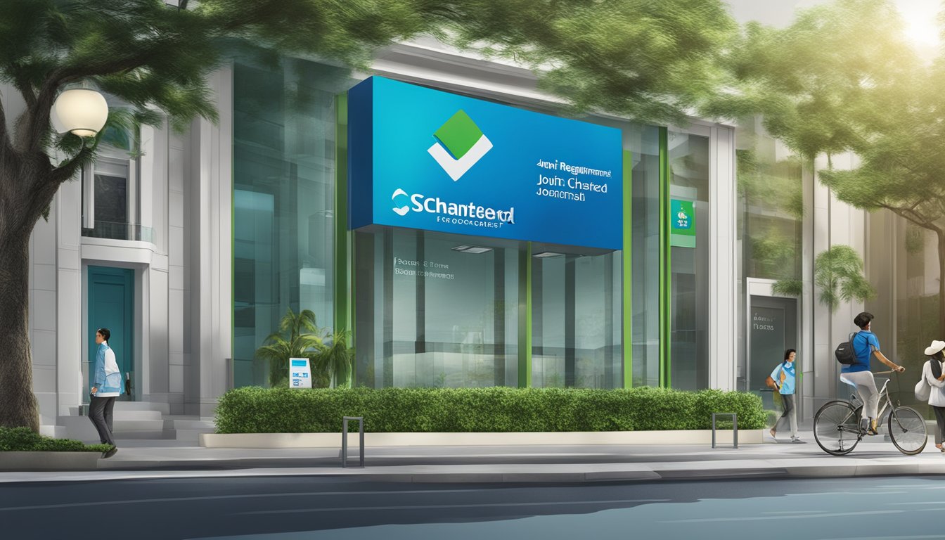 A sign displaying "Fees and Requirements for Joint Account Standard Chartered Singapore" with the bank's logo and contact information