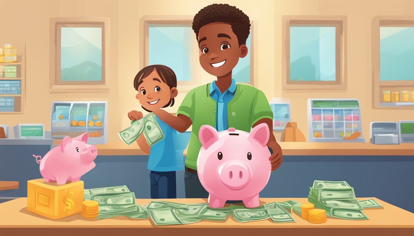 A child happily deposits money into a piggy bank while a smiling bank teller explains kids savings accounts in a bright and welcoming bank branch